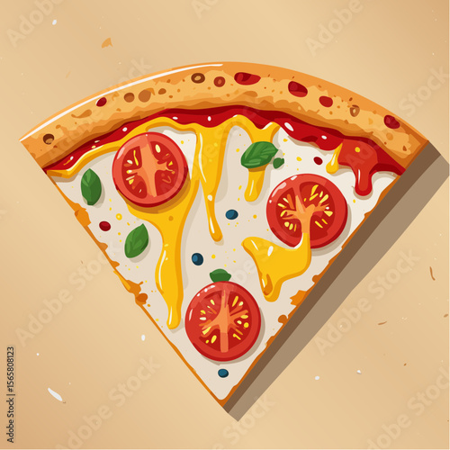 A pizza slice with sauce drip, stretchy cheese strands, and oil stains. This bold, greasy vector screams flavor—great for fast food marketing or delivery apps.