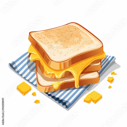 A classic cheese toastie sliced open, with gooey cheddar oozing out and golden crumbs on a napkin. Comfort food at its meltiest. Perfect for cafe ads or packaging.