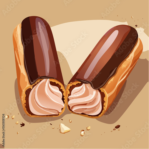 A chocolate éclair broken open with rich ganache smudged and pastry cream spilling out. This indulgent vector is perfect for dessert menus, blogs, and packaging.