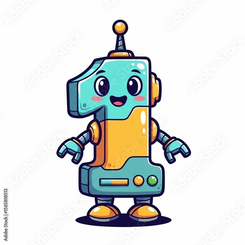 Mini Robot Number 1 with Antenna and Smiley Face – Cute Tech Cartoon on White Background
