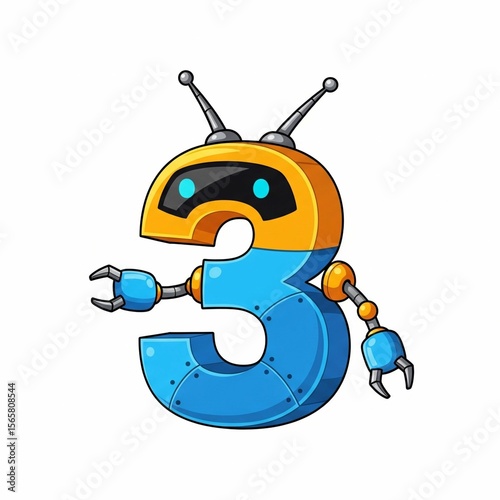 Mini Robot Number 3 with Antenna and Smiley Face – Cute Tech Cartoon on White Background
