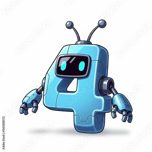 Mini Robot Number 4 with Antenna and Smiley Face – Cute Tech Cartoon on White Background
