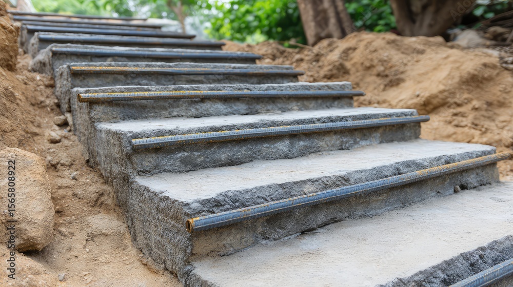 Construction of Modern Concrete Stairs with Reinforcement Bars Surrounded by Natural Landscape, Ideal for Home and Garden Pathways in Progress Construction of Modern Concrete Stairs with Reinforcement Bars Surrounded by Natural Landscape, Ideal for Home and Garden Pathways in Progress