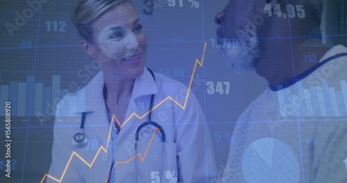 Female physician turning toward patient, reviewing animated line charts indicating health progress