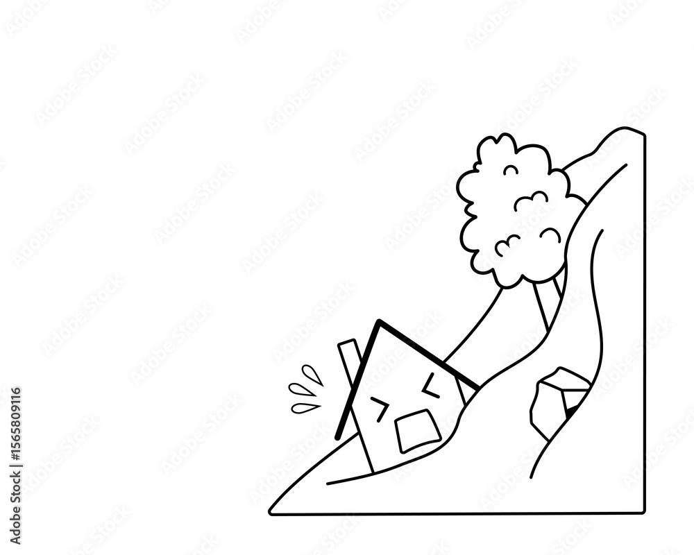 Fototapeta premium 土砂崩れに巻き込まれる家のシンプルな白黒イラスト