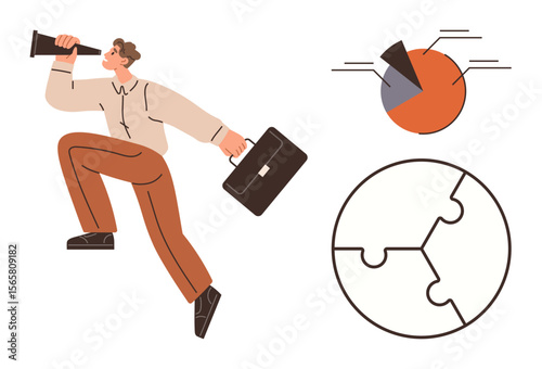 Man holding briefcase and looking through a telescope, accompanied by pie chart and puzzle icons. Ideal for business vision, goal setting, market analysis, teamwork, problem-solving, decision-making