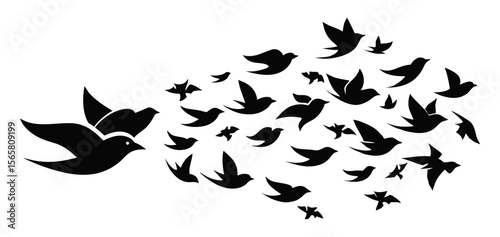 A dynamic black and white illustration depicting a flock of birds in silhouette, with a few larger birds leading a scattered group, symbolizing freedom, migration, and collective movement.