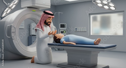 Compassionate doctor in traditional attire offers comfort to a young patient resting on a medical table in a sterile hospital room.