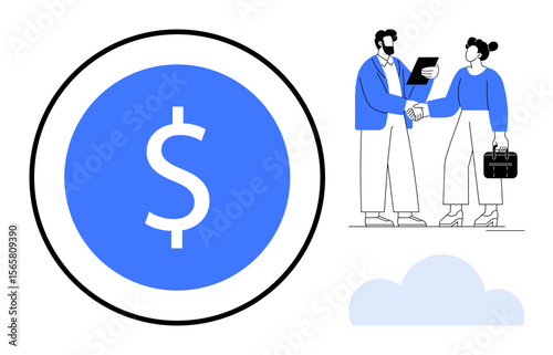 Dollar sign in blue coin beside man and woman shaking hands with documents and briefcase. Ideal for finance, partnership, business deal, commitment, investment, teamwork, simple flat metaphor