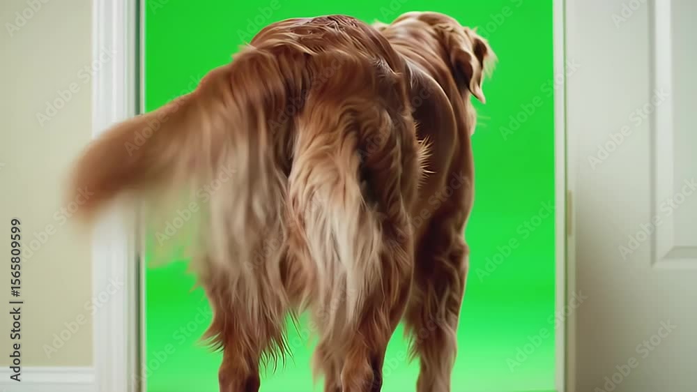 Golden Retriever Dog Walks Backwards Through Open Doorway Isolated by Green Screen with Tail Wagging