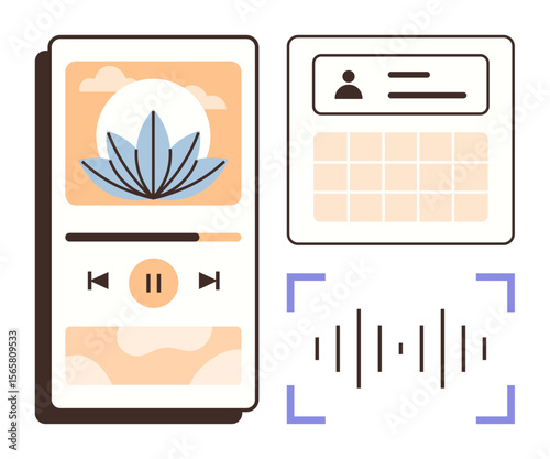 Smartphone with audio player featuring lotus design, calendar grid for task management, and soundwave. Ideal for productivity, meditation, relaxation, streaming, scheduling, mindfulness and digital