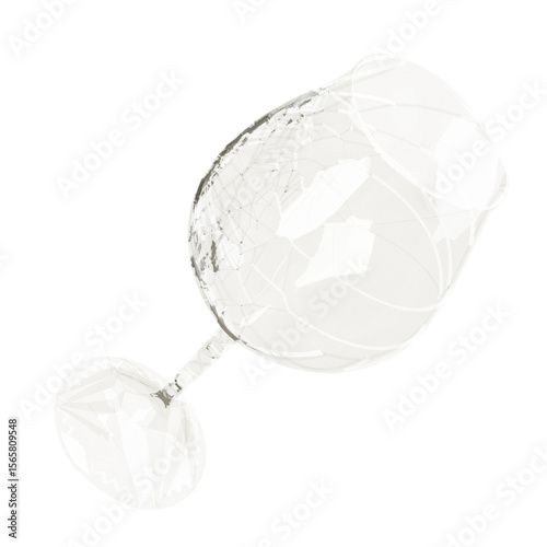 3D illustration of a cracked glass cup standing upright on white surface, symbolizing fragility, risk, damage, and emotional vulnerability.