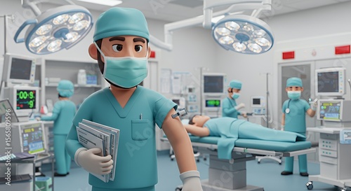 Cartoon surgeon holds medical documents in a modern operating room, surrounded by colleagues and a patient.
