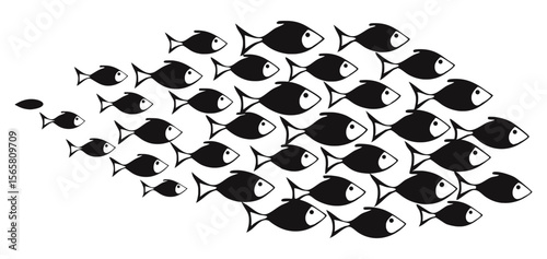 A black and white illustration of numerous fish silhouetted in a tightly packed school formation, with a few smaller fish leading the way, symbolizing unity, movement, and collective intelligence.