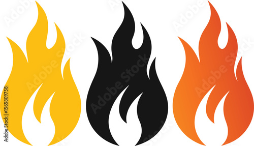 Vibrant vector illustrations of fiery orange flames symbolize hot burning heat, perfect for design elements or icons