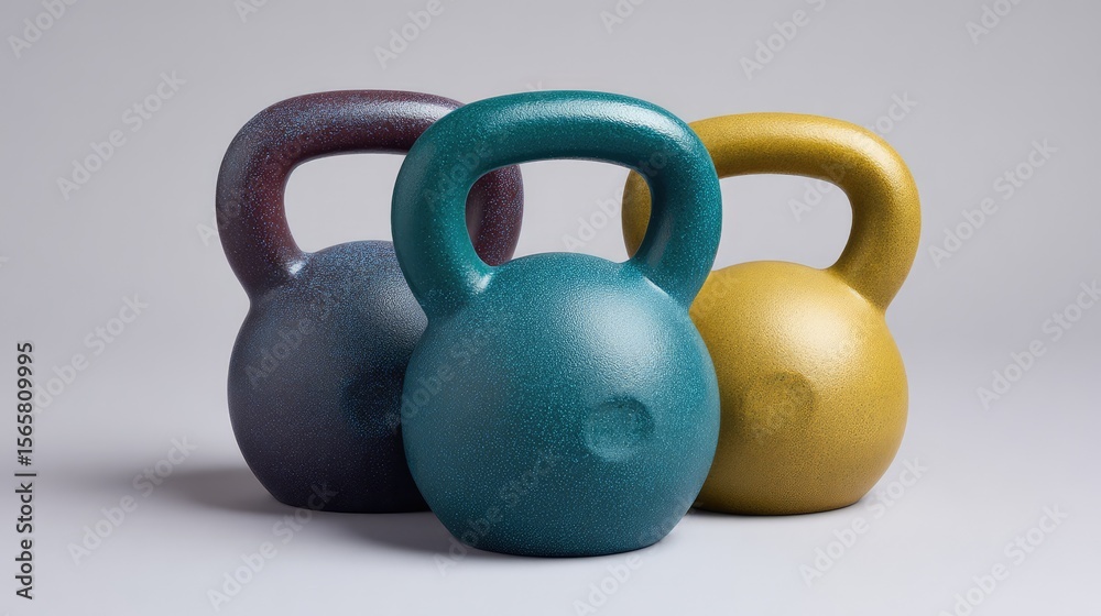 Fototapeta premium Colorful Kettlebells for Fitness and Strength Training on a Neutral Background, Ideal for Home Gym Setup, Professional Workouts, and Exercise Equipment Photography
