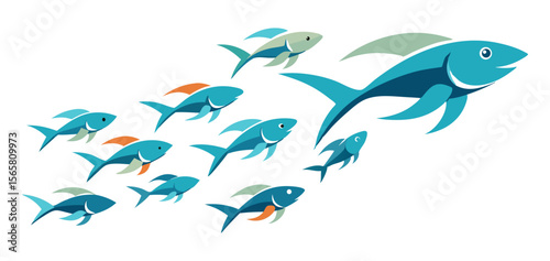 A vibrant illustration depicting a large blue fish leading a school of smaller fish, symbolizing leadership, teamwork, direction, and collective movement.