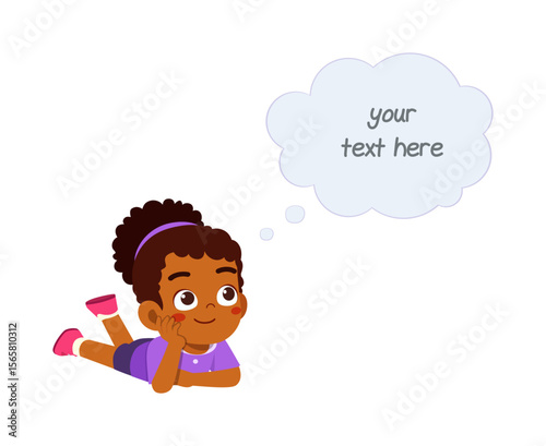 Smiling African girl lying down looking at thought bubble, with text inside on white background