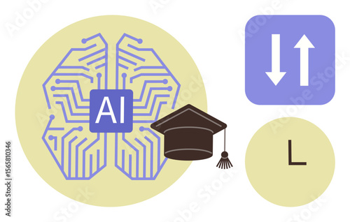 AI brain with circuits and AI label, graduation cap, directional arrows, and letter L. Ideal for education, machine learning, digital transformation, innovation, academic research e-learning