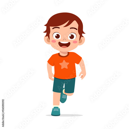 Happy young boy running cheerfully cartoon illustration with white background