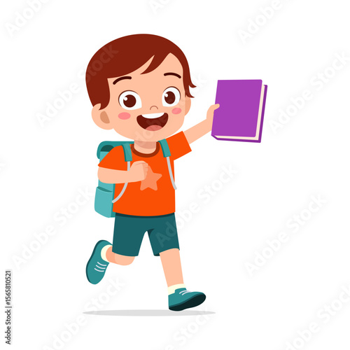 Happy Caucasian Boy Running with Backpack and Book in Hand Illustration Style