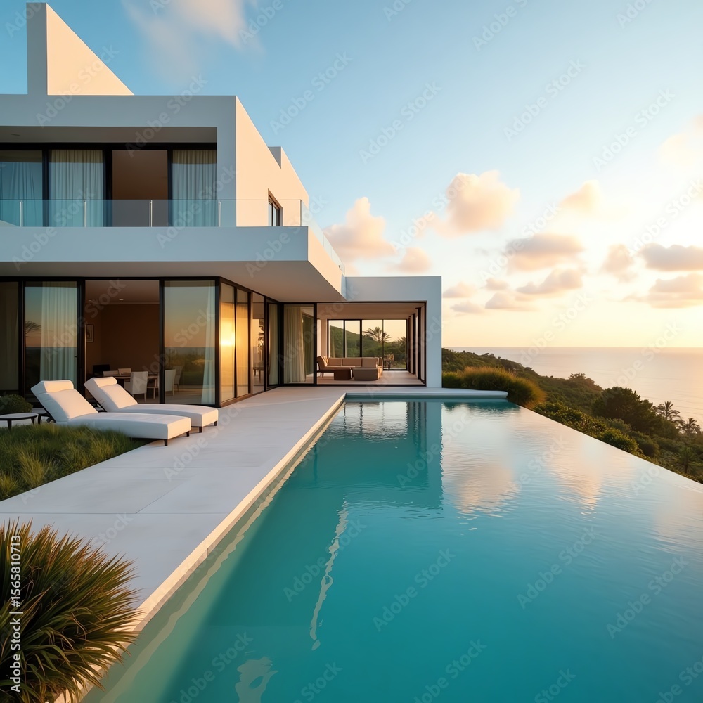 Fototapeta premium luxury hotel swimming pool at sunset