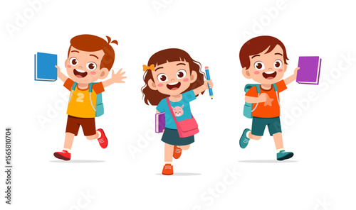 Happy Kids Running to School Together Holding Books and Pencil in Illustration