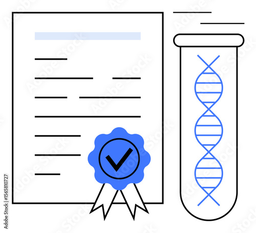 Document with certified badge and detailed DNA strand in test tube highlighting genetic analysis. Ideal for science, healthcare, genetic testing, research, certification, education, modern