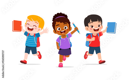 Group of cheerful students running with backpacks and books on white background illustration