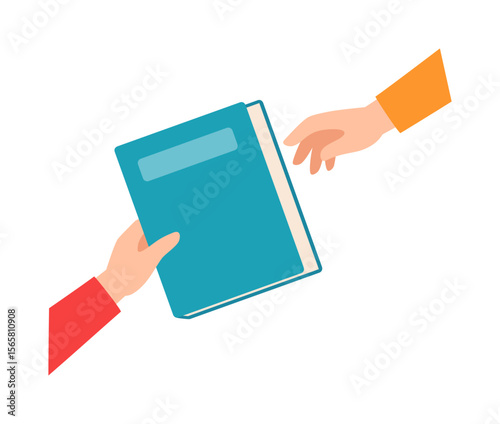 Hands passing a blue book, book exchange concept with flat vector design illustration
