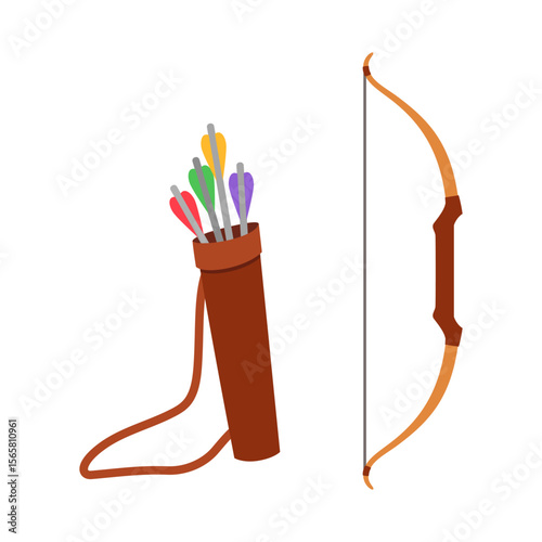 Illustration of a bow and arrow with a quiver holding arrows with colorful fletching