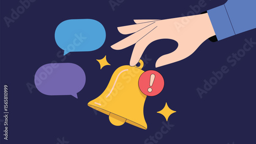 Notification bell icon alert message hand ringing for social media update reminder vector illustration