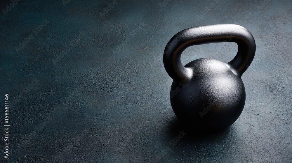 Fototapeta premium Black kettlebell on a textured surface, ideal for fitness, strength training, and home gym activities enhancing workout routines and physical well-being