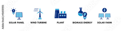 Sustainable Energy banner web icon illustration concept with icon of solar panel, wind turbine, plant, biomass energy, and solar farm