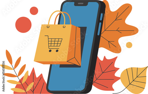Online shopping mobile app autumn sale promotion vector illustration and graphic design for ecommerce