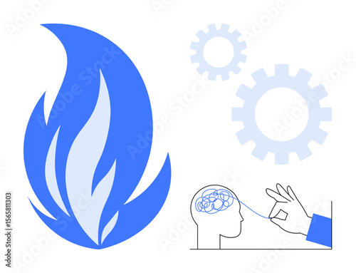 Flame beside human head with mental connections and gears, symbolizing creativity, problem-solving, and innovation. Ideal for brainstorming, psychology, motivation, teamwork, education