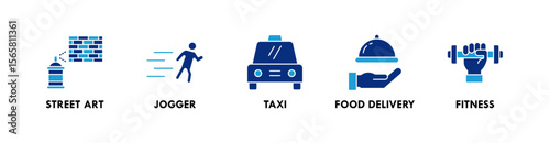 Urban Lifestyle banner web icon illustration concept with icon of street art, jogger, taxi, food delivery, and fitness
