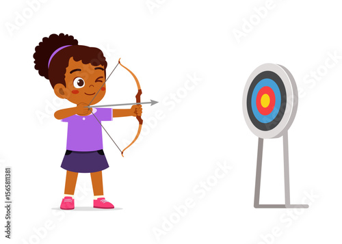 Young African American girl aiming bow and arrow at target winking one eye illustration