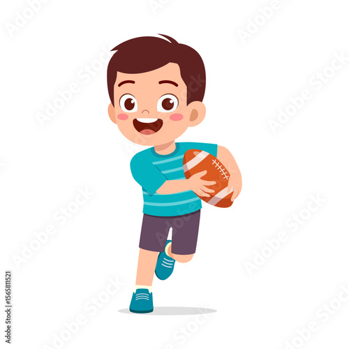Happy Boy Running and Holding American Football Ball with Enthusiasm and Energy