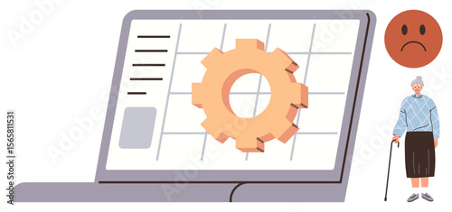 Laptop displaying gear illustration suggests system settings or issues. Sad emotion and elderly figure highlight frustrations or barriers in tech usage. Ideal for technology adaptation