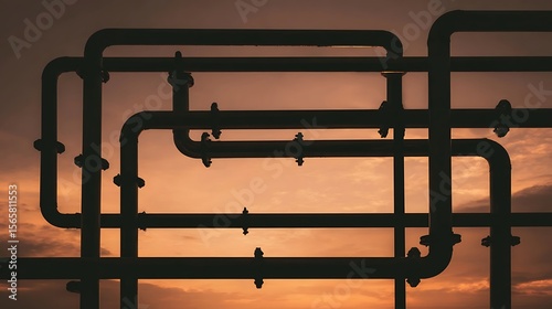 Abstract industrial silhouette against a sunset sky, featuring geometric pipe structures in artistic patterns,tips on the Importance of Routine Plumbing Rehabilitation