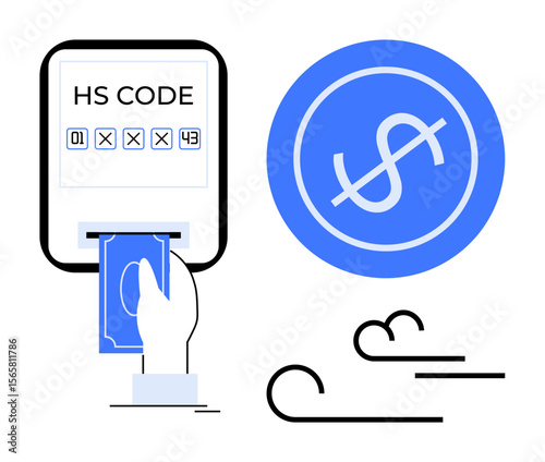 Hand inserting cash into a machine with HS code, blue dollar icon, and motion lines symbolizing speed. Ideal for trade, customs, finance, transactions, taxes, logistics exports simple flat metaphor