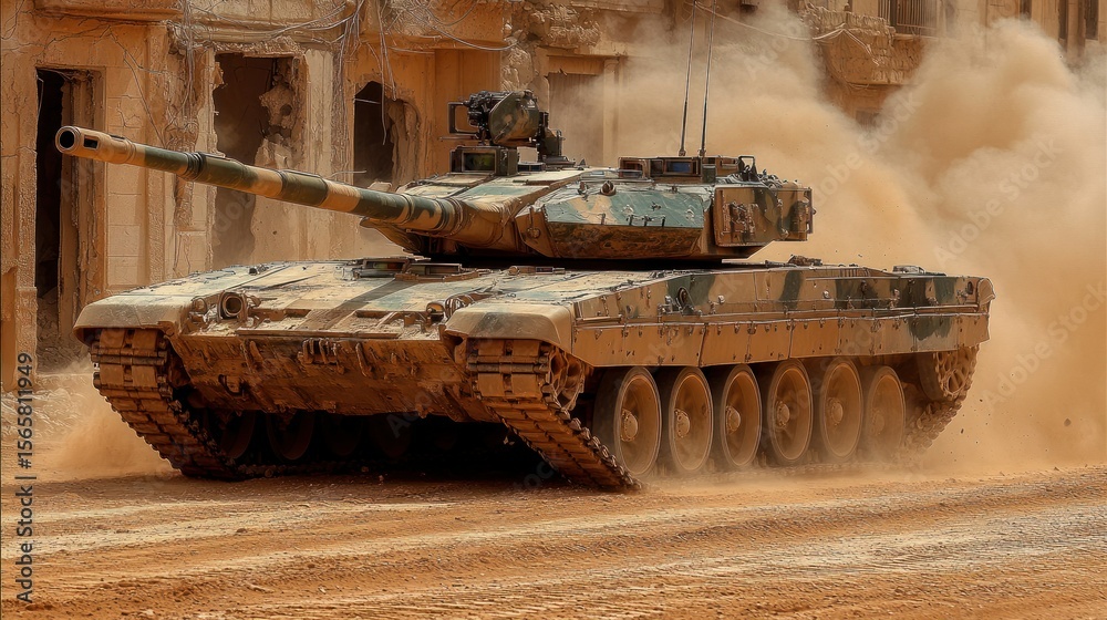 Military tank moving through dusty urban terrain Military tank moving through dusty urban terrain