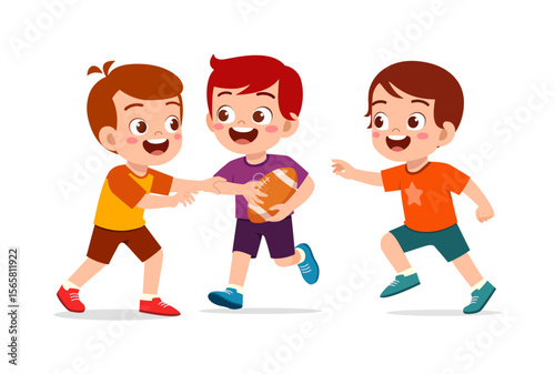 Three Happy Cartoon Boys Playing American Football and Running Together