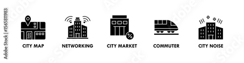 Urban Lifestyle banner web icon illustration concept with icon of city map, networking, city market, commuter, and city noise