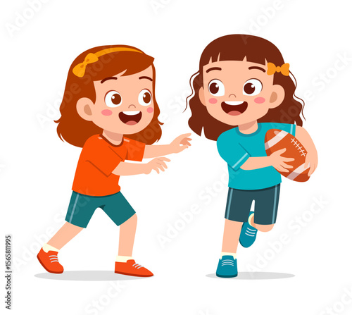 Two happy little girls playing with a football, smiling and running outdoors illustration