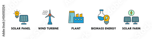 Sustainable Energy banner web icon illustration concept with icon of solar panel, wind turbine, plant, biomass energy, and solar farm