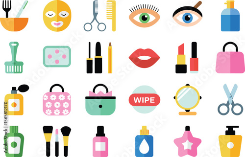 Beauty products cosmetic makeup skincare tools accessories flat vector icon set for salon and spa use