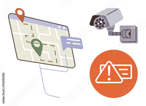 Digital map with route pins, speech bubble, surveillance camera, and warning alert sign. Ideal for navigation, monitoring, technology, security safety alerts data tracking. Simple flat metaphor