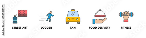 Urban Lifestyle banner web icon illustration concept with icon of street art, jogger, taxi, food delivery, and fitness